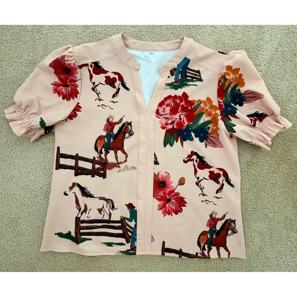 Boutique Women Blouse XL Peach Horse Floral Western Puff Sleeve Split Neck Top